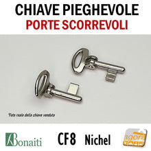 Carica l'immagine nel visualizzatore di Gallery, CF8 CHIAVE SNODATA PIEGHEVOLE N8 standard PER SERRATURE A GANCIO PER PORTE SCORREVOLI BONAITI 1091C NICHEL NICHELATA CROMATA CORTA adatta per serrature per porte scorrevoli scrigno invisibili Satinata serratura door lock