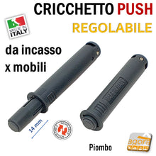 Carica l'immagine nel visualizzatore di Gallery, CRICCHETTO PUSH REGOLABILE PER APERTURA ANTE INVISIBILI MOBILE SENZA MANIGLIA INCASSO CORSA 14mm PIOMBO cORTO
