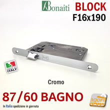 Carica l'immagine nel visualizzatore di Gallery, SERRATURA PORTA BONAITI BLOCK 87 -60 WC BAGNO MONETA LIBERO OCCUPATO FRONTALE 16X190MM E60 I70 MECCANICA DOPPIO QUADRO 8x8 6x6mm CROMO LUCIDO Frontale 190x16mm