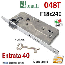 Load image into Gallery viewer, SERRATURA PORTA PATENT FRONTALE 18x240mm BONAITI 048T E40 I90 ENTRATA 4CM INTERASSE 9CM E40 I90 CON CHIAVE F 240X18 CROMO LUCIDO