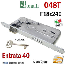 Load image into Gallery viewer, SERRATURA PORTA PATENT FRONTALE 18x240mm BONAITI 048T E40 I90 ENTRATA 4CM INTERASSE 9CM E40 I90 CON CHIAVE F 240X18 CROMO OPACO