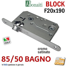Carica l'immagine nel visualizzatore di Gallery, SERRATURA PORTA BONAITI BLOCK 85 /50 WC BAGNO FRONTALE 20X190MM E50 I70 CROMO SATINATO MECCANICA entrata 5cm interasse 7cm frontale 2x19cm per anta in battuta del bagno con il pomolo