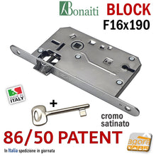 Carica l'immagine nel visualizzatore di Gallery, SERRATURA PORTA BONAITI BLOCK 86 -50 CHIAVE PATENT FRONTALE F 16X190MM E50 I70 CROMO SATINATO MECCANICA serrature originali in pronta consegna entrata 5cm interasse 7cm frontale 19cm con scrocco solo in alto senza linguetta - Cromata