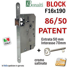 Carica l'immagine nel visualizzatore di Gallery, SERRATURA PORTA BONAITI BLOCK 86 -50 CHIAVE PATENT FRONTALE F 16X190MM E50 I70 CROMO SATINATO MECCANICA serrature originali in pronta consegna entrata 5cm interasse 7cm frontale 19cm con scrocco solo in alto senza linguetta - Cromata door lock