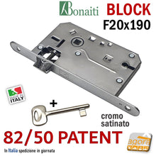 Carica l'immagine nel visualizzatore di Gallery, serrature per porte interne vecchie ricambio bonaiti block frontale F 20x190mm cromo satinata cromata entrata 50mm interasse 70mm corpo 75x125 sp12 - e 5 cm interasse 7 cm con linguetta scrocco in alto completa di chiave