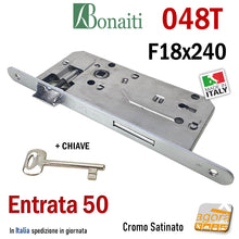 Load image into Gallery viewer, Serratura porta chiave patent normale cromo satinato entrata 5cm e50 interasse 90mm i9cm frontale 240x18mm f18x240 24cm bonaiti 48bt