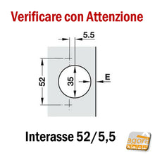 Carica l'immagine nel visualizzatore di Gallery, CERNIERA PER ANTE CUCINA FORO 35MM INTERASSE 52 5.5MM WURTH SALICE battuta centrale con bussola