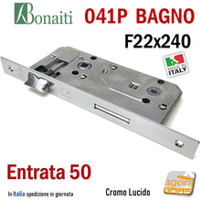 Carica l'immagine nel visualizzatore di Gallery, SERRATURA PORTA PATENT GRANDE BAGNO FRONTALE 22x240mm QUADRO BONAITI 041P-50 CROMO LUCIDO E50 I90 entrata 5cm interasse 9cm f 240x22