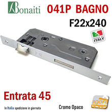 Carica l'immagine nel visualizzatore di Gallery, SERRATURA PORTA PATENT GRANDE BAGNO FRONTALE 22x240mm QUADRO BONAITI 041P-45 CROMO OPACO E45 I90 Interasse 9cm