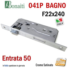 Carica l'immagine nel visualizzatore di Gallery, SERRATURA PORTA PATENT GRANDE BAGNO FRONTALE 22x240mm QUADRO BONAITI 041P-50 CROMO SATINATO E50 I90 entrata 5cm interasse 9cm f 240x22