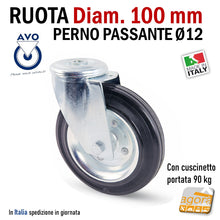 Carica l'immagine nel visualizzatore di Gallery, RUOTA GOMMA NERA DIAMETRO 100MM GIREVOLE CON PERNO PASSANTE D12 SENZA FRENO S112 AVO INDUSTRIA RUOTE