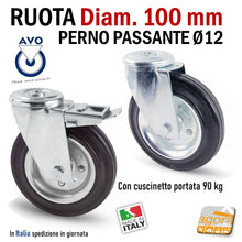 Carica l'immagine nel visualizzatore di Gallery, RUOTA GOMMA NERA DIAMETRO 100MM GIREVOLE CON PERNO PASSANTE D12 CON FRENO SENZA FRENO S112 AVO INDUSTRIA RUOTE