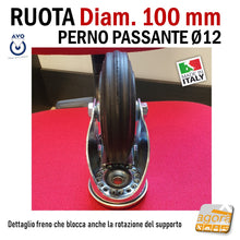 Carica l'immagine nel visualizzatore di Gallery, RUOTA GOMMA NERA DIAMETRO 100MM GIREVOLE CON PERNO PASSANTE D12 CON FRENO SENZA FRENO S112 AVO INDUSTRIA RUOTE x carrelli carrello magazzino robusta antitraccia
