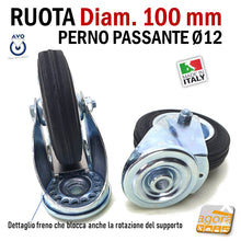 Carica l'immagine nel visualizzatore di Gallery, ruote per carrelli diametro 10cm d100mm in acciaio alta portata con freno anteriore totale girevole piastra con perno passante foro 12mm