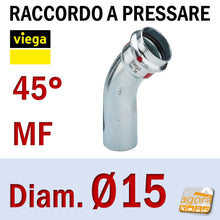 Carica l'immagine nel visualizzatore di Gallery, D15 Raccordo Idraulico a pressare pinzare VIEGA PRESTABO Press-Fitting Acciaio O-Ring Curva 45 gradi MF Maschio Femmina Rosso Mod 1126.1