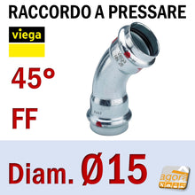 Carica l'immagine nel visualizzatore di Gallery, Raccordo Idraulico a pressare pinzare VIEGA PRESTABO Press-Fitting Acciaio O-Ring Curva 45 gradi FF Femmina Femmina Rosso D15mm 1126