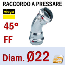 Carica l'immagine nel visualizzatore di Gallery, Raccordo Idraulico a pressare pinzare VIEGA PRESTABO Press-Fitting Acciaio O-Ring Curva 45 gradi FF Femmina Femmina Rosso Diametro 22