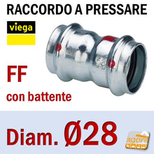 Carica l'immagine nel visualizzatore di Gallery, D28 Raccordo Idraulico a pressare pinzare VIEGA PRESTABO Press-Fitting Acciaio O-Ring Manicotto con Battente battuta FF Femmina Femmina Rosso Modello 1115