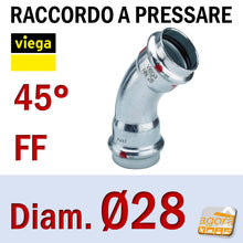 Carica l'immagine nel visualizzatore di Gallery, Raccordo Idraulico a pressare pinzare VIEGA PRESTABO Press-Fitting Acciaio O-Ring Curva 45 gradi FF Femmina Femmina Rosso D28mm
