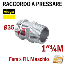 Carica l'immagine nel visualizzatore di Gallery, D35x1"1/4M PRESTABO VIEGA RACCORDO A PRESSARE MANICOTTO FxFIL.M Maschio 1111 DIAMETRO Ø15-18-22-28-35-42-54 Press Fitting di altissima qualità per impianti industriali idraulici Filettato