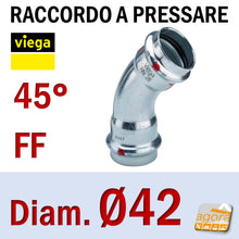 Carica l'immagine nel visualizzatore di Gallery, Raccordo Idraulico a pressare pinzare VIEGA PRESTABO Press-Fitting Acciaio O-Ring Curva 45 gradi FF Femmina Femmina Rosso D42 mm