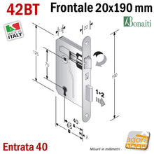 Carica l'immagine nel visualizzatore di Gallery, misure SERRATURA PORTA FRONTALE 20x190mm TONDO E40 I70 BONAITI 42T BRONZO PATENT PICCOLA