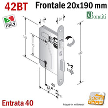 Carica l'immagine nel visualizzatore di Gallery, misure SERRATURA PORTA FRONTALE 20x190mm TONDO E40 I70 BONAITI 42T OTTONE PATENT PICCOLA