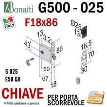 Carica l'immagine nel visualizzatore di Gallery, SERRATURA PORTA SCORREVOLE FRONTALE 18x86mm BONAITI 025 G500 CHIAVE SPILLO CROMO OPACO Q8 E50 GANCIO 4002505097