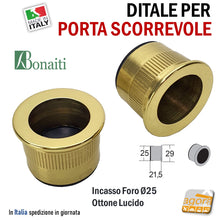 Carica l'immagine nel visualizzatore di Gallery, MANIGLIA DITALE DI TRASCINAMENTO PER PORTA SCORREVOLE SCRIGNO INCASSO FORO 25 D29 OTTONE LUCIDO BONAITI MANIGLIETTA