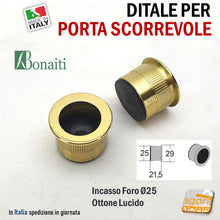 Carica l'immagine nel visualizzatore di Gallery, MANIGLIA DITALE DI TRASCINAMENTO PER PORTA SCORREVOLE SCRIGNO INCASSO FORO 25 D29 OTTONE LUCIDO BONAITI POMOLINO
