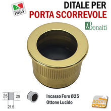 Carica l'immagine nel visualizzatore di Gallery, MANIGLIA DITALE DI TRASCINAMENTO PER PORTA SCORREVOLE SCRIGNO INCASSO FORO 25 D29 OTTONE LUCIDO BONAITI