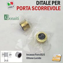 Carica l'immagine nel visualizzatore di Gallery, MANIGLIA DITALE DI TRASCINAMENTO PER PORTA SCORREVOLE SCRIGNO INCASSO FORO 25 D29 OTTONE LUCIDO BONAITI GIALLA