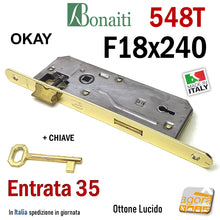 Carica l'immagine nel visualizzatore di Gallery, SERRATURA PORTA PATENT OKAY F18x240mm BONAITI 548T + CHIAVE E35 I90 OTTONE