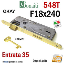 Carica l'immagine nel visualizzatore di Gallery, SERRATURA PORTA PATENT OKAY F18x240mm BONAITI 548T + CHIAVE E35 I90 OTTONE frontale 240x18mm entrata 35mm interasse 90mm chiave normale