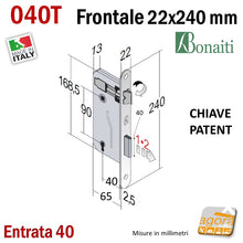 Load image into Gallery viewer, SERRATURA PORTA PATENT FRONTALE 22x240mm BONAITI 040T E40 I90 OTTONE +CHIAVE linguetta 4cm