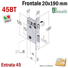 Carica l'immagine nel visualizzatore di Gallery, SERRATURA PORTA FRONTALE 20x190mm TONDO E45 I70 BONAITI 45T BRONZO BAGNO PICCOLA WC DOPPIO QUADRO misure disegno quote