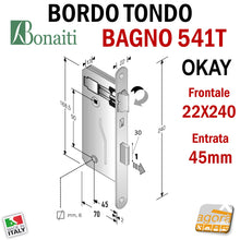Carica l'immagine nel visualizzatore di Gallery, SERRATURA PORTA PATENT GRANDE BAGNO FRONTALE 22x240mm OKAY BONAITI 541T OTTONE E45 I90