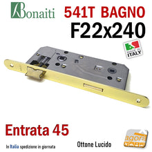 Carica l'immagine nel visualizzatore di Gallery, SERRATURA PORTA PATENT GRANDE BAGNO FRONTALE 22x240mm OKAY BONAITI 541T-45 OTTONE E45 I90 frontale 240x22 interasse 9cm entrata 45mm ottonata