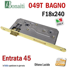 Carica l'immagine nel visualizzatore di Gallery, SERRATURA PORTA BAGNO FRONTALE 18x240mm BONAITI 049T-45 OTTONE E45 I90 frontale 240x18mm doppio quadro 6x6 meccanica