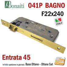Carica l'immagine nel visualizzatore di Gallery, SERRATURA PORTA PATENT GRANDE BAGNO FRONTALE 22x240mm QUADRO BONAITI 041P-45 OTTONE E45 I90 OTTONATA RETTANGOLARE 240X22