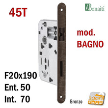 Carica l'immagine nel visualizzatore di Gallery, FRONT DOOR LOCK 20x190mm ROUND E50 I70 BONAITI 45T BRONZE SMALL BATHROOM DOUBLE SQUARE WC center distance 70mm body 125mm x 75mm