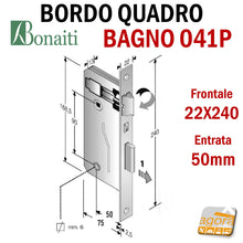 Carica l'immagine nel visualizzatore di Gallery, SERRATURA PORTA PATENT GRANDE BAGNO FRONTALE 22x240mm QUADRO BONAITI 041P-50 OTTONE E50 I90 rettangolare 240x22 entrata 5cm interasse 9cm