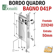Carica l'immagine nel visualizzatore di Gallery, SERRATURA PORTA PATENT GRANDE BAGNO FRONTALE 22x240mm QUADRO BONAITI 041P-50 OTTONE E50 I90 rettangolare 240x22 entrata 5cm interasse 9cm