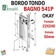 Load image into Gallery viewer, SERRATURA PORTA BAGNO FRONTALE QUADRO 22x240mm OKAY BONAITI 541P CROMO SAT E50 I90 PATENT GRANDE wc libero occupato moneta toilet