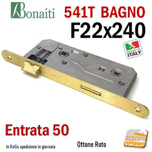 Load image into Gallery viewer, SERRATURA PORTA PATENT GRANDE BAGNO FRONTALE 22x240mm OKAY BONAITI 541T-50 OTTONE E50 I90 frontale 240x22 24cm interasse 9cm entrata 5cm ottonata roto