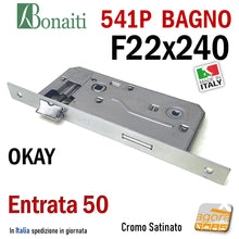 Load image into Gallery viewer, SERRATURA PORTA BAGNO FRONTALE QUADRO 22x240mm OKAY BONAITI 541P CROMO SAT E50 I90 PATENT GRANDE frontale rettangolare 24cm entrata 5cm interasse 9cm liguetta 3cm
