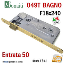 Carica l'immagine nel visualizzatore di Gallery, SERRATURA PORTA BAGNO FRONTALE 18x240mm BONAITI 049T-50 OTTONE E50 I90 ottone brillante