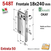 Load image into Gallery viewer, SERRATURA PORTA PATENT OKAY F18x240mm BONAITI 548T OTTONE CON CHIAVE E50 I90 FRONTALE 24CM X 1,8 LINGUETTA FINE 3CM