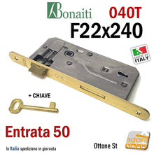 Carica l'immagine nel visualizzatore di Gallery, SERRATURA PORTA PATENT FRONTALE 22x240mm BONAITI 040T E50 I90 OTTONE +CHIAVE