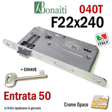 Carica l'immagine nel visualizzatore di Gallery, SERRATURA PORTA PATENT FRONTALE 22x240mm BONAITI 040T E50 I90 CROMO OPACO con CHIAVE